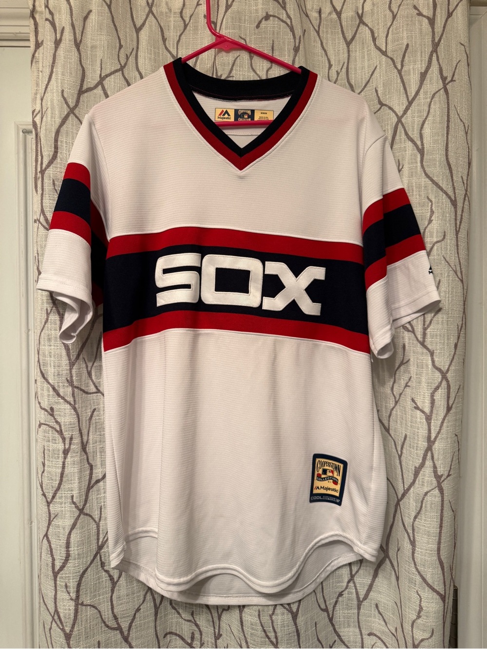 Majestic White SOX Baseball Jersey with Red & Black Stripes